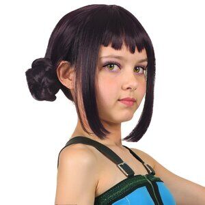 Short Black Purple Cosplay Wig with 2 Buns for Halloween KIDS SIZE